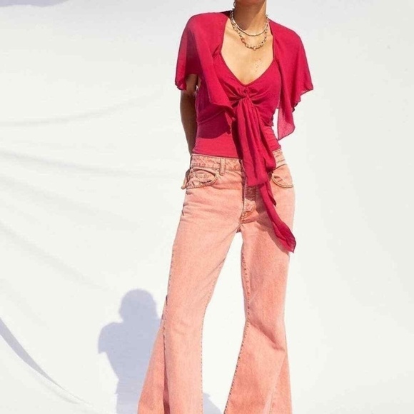 FREE People Intimately Watch Her Go Bodysuit Ruffle Tie Top in Glass Roses Red S - Picture 3 of 12